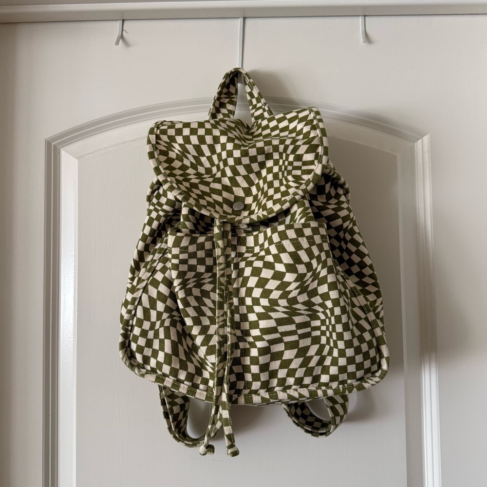 BAGGU Green and White Checkered Canvas Drawstring Backpack